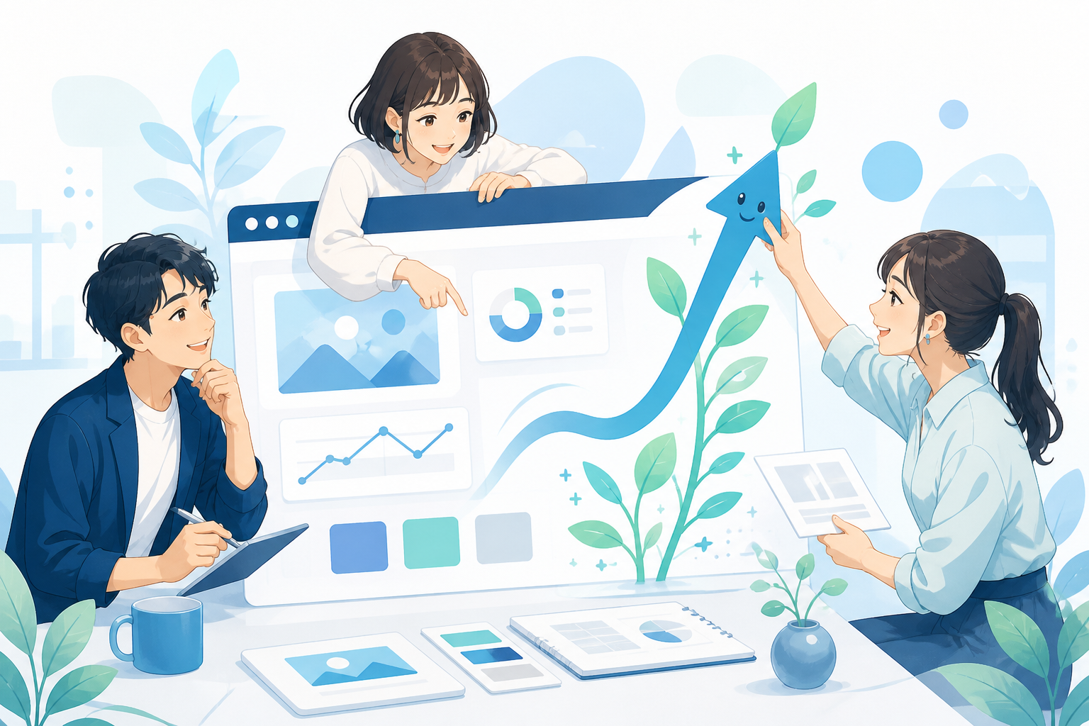 成長するWebサイトを囲んで話し合うチームのイラスト