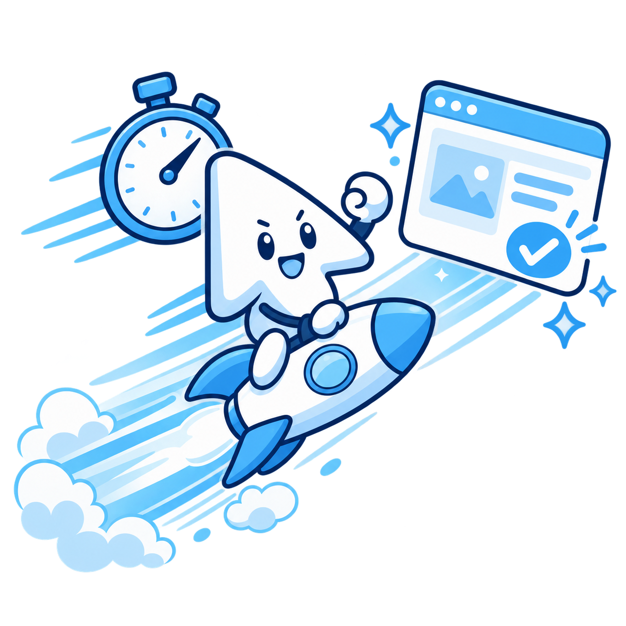ロケットに乗るカーソルとストップウォッチのイラスト