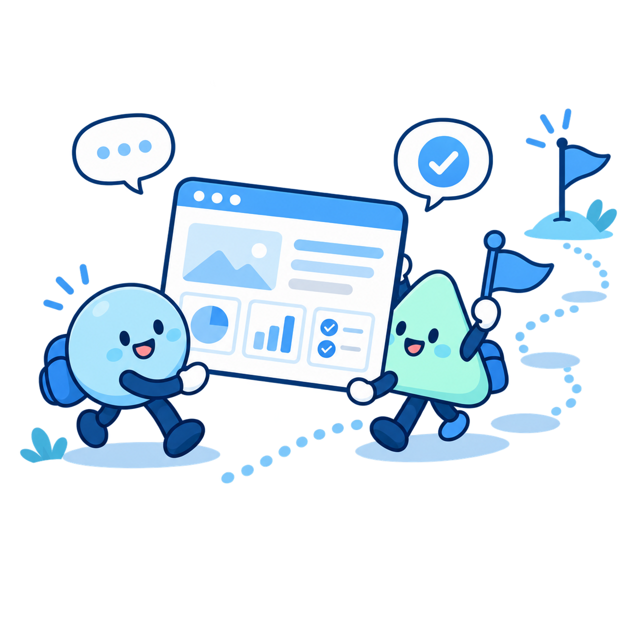 Web画面を一緒に運ぶ二人のキャラクターのイラスト